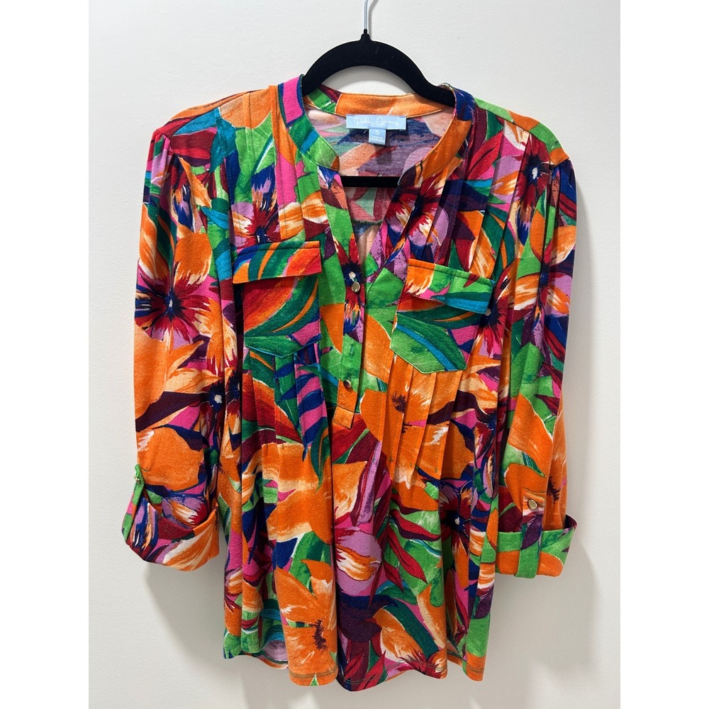 Palm Grove Floral Print Roll Tab Sleeve Tunic Top Orange Green Pink‎ Small